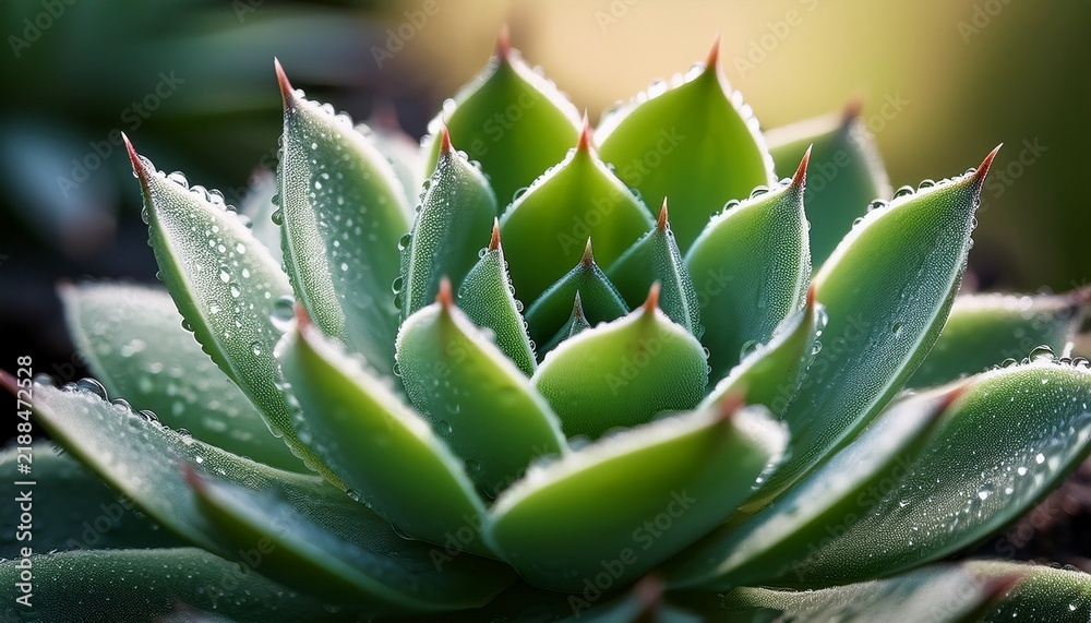 Fototapeta premium A Macro Close Up Of A Green Succulent With Thick Leaves Covered In Fresh Dew Drops Highlighting Natural Textures Moisture And Soft Warm Light