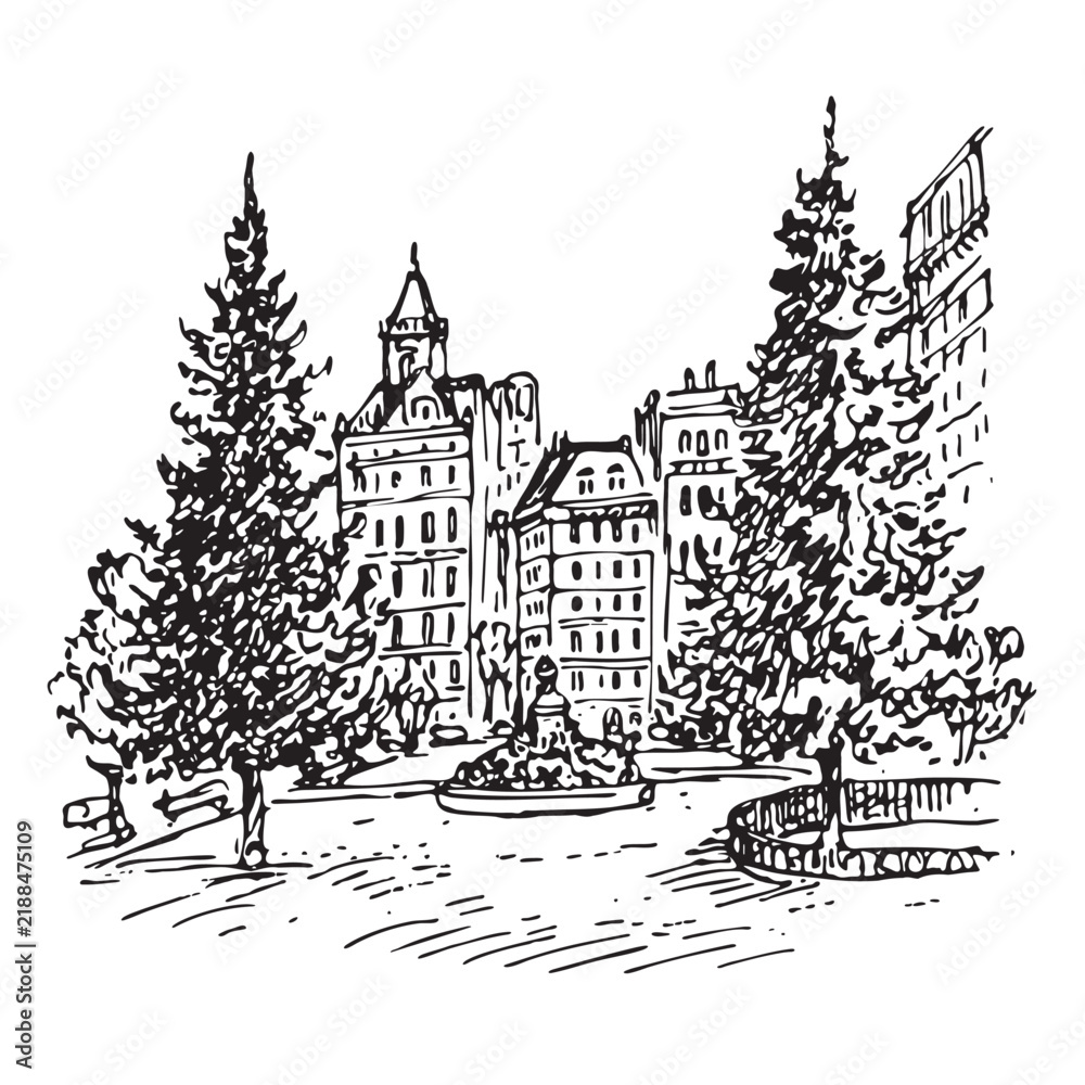 Fototapeta premium Hand Drawn City Square Line Art Sketch with Vintage Architecture, Fountain and Trees