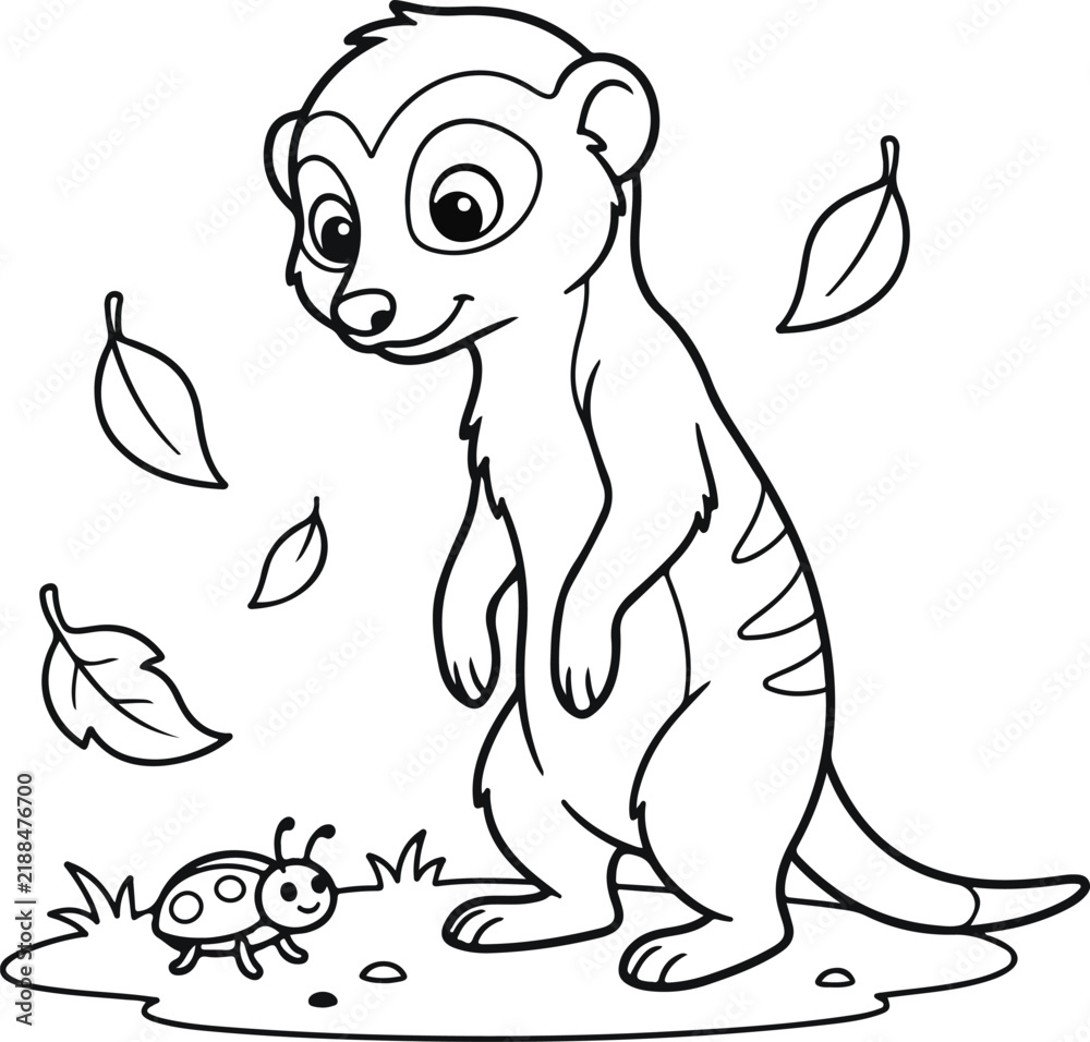 Obraz premium Cute meerkat looking at a ladybug with falling autumn leaves, black and white coloring page for kids