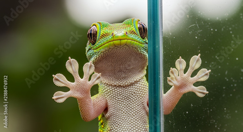 Green gecko lizard clinging to a glass window with visible toe pads in a close up macro shot