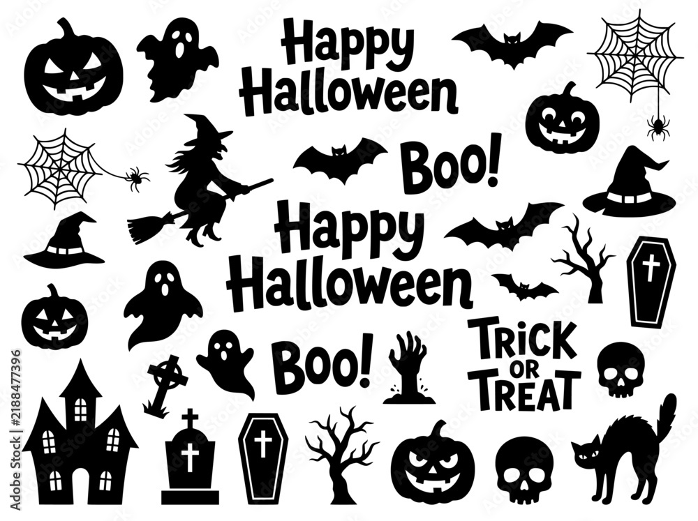 Obraz premium Halloween silhouette vector icons set, spooky holiday graphics with pumpkins and ghosts, black festive clip art for party invitations
