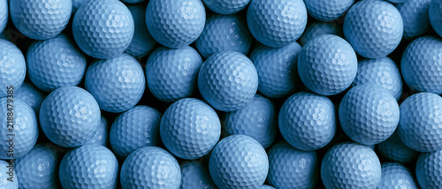Close-up full frame view of numerous light blue golf balls arranged tightly together, creating a textured background and repeating pattern of dimples, perfect for sports, leisure, or