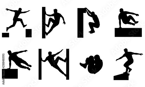 Obraz na plátně Parkour silhouettes traceur free running obstacle vault wall run cat hang precis
