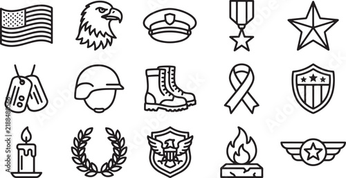Collection of hand drawn line art icons for celebrating the national holiday of vaterans day