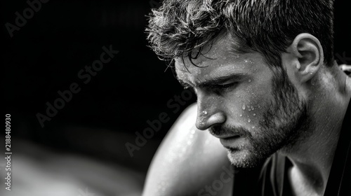 Close up portrait of an exhausted athletic man sweating after intense workout session