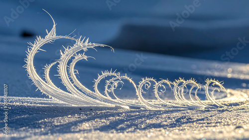 Delicate frost crystals shaped like curling waves on snow
