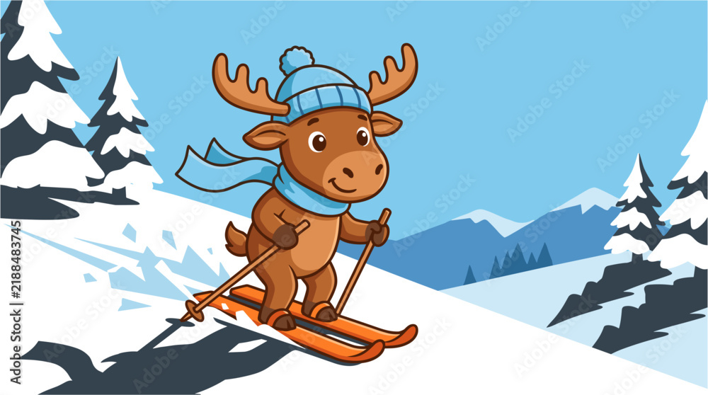 Fototapeta premium Vector illustration of a cute cartoon moose wearing a beanie and scarf, happily skiing down a snowy mountain slope in a winter landscape.