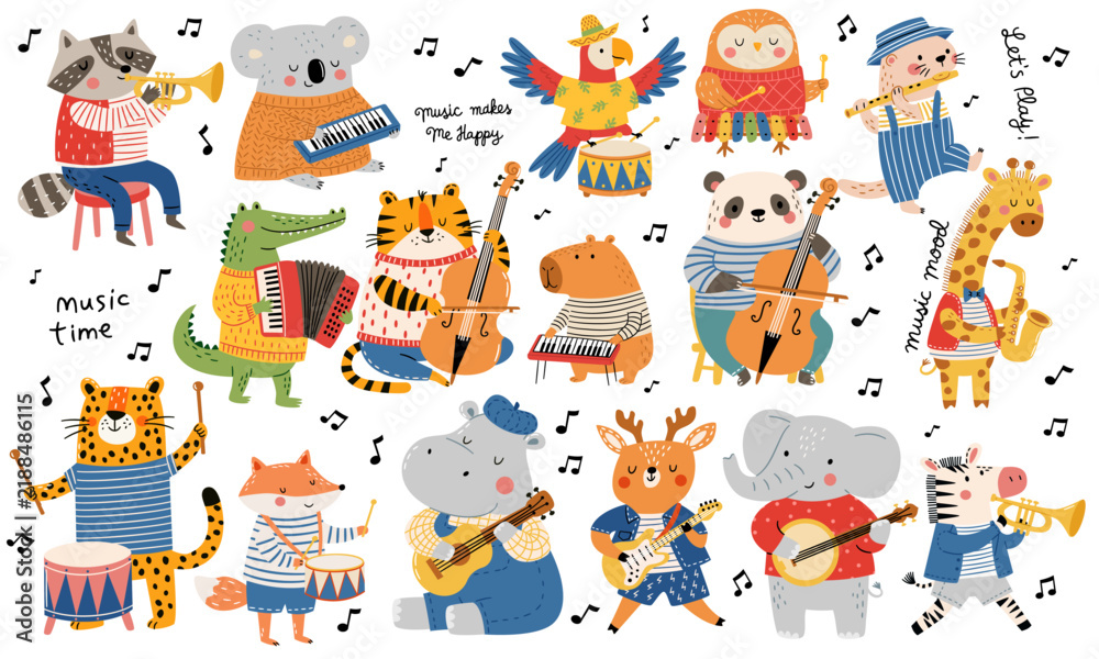 Fototapeta premium Cute collection of musical animals playing different instruments, including trumpet, accordion, violin, guitar, flute, saxophone and drums. Flat vector illustration with playful hand-drawn details