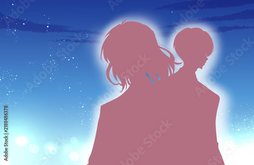 スーツを着た前向きな背中合わせの男女　社会人　夜　シルエット