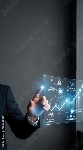 Businessman touching virtual screen with growth charts and skill analytics