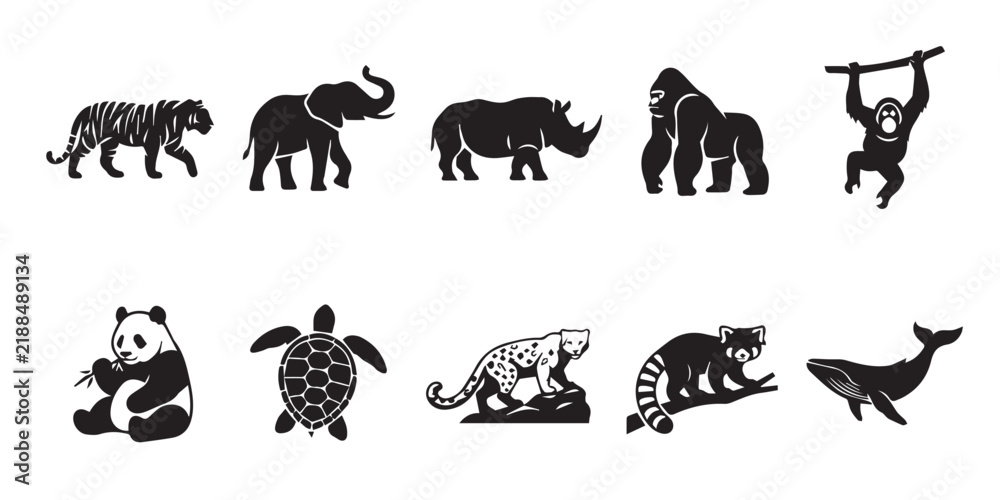 Obraz premium Collection of black silhouette wild animal icons isolated on a white background for graphic design. A set of minimalist vector animal icons including tiger, elephant, rhino, gorilla, and whale.