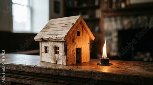 Small wooden toy house sits next to a burning candle flame on a dark rustic table to represent warm home lighting and cozy domestic heating solutions.