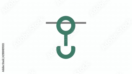 Minimalist green hook icon hanging from a horizontal gray line on a white background with shape suspended horizontal