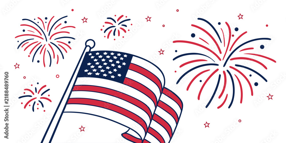 Fototapeta premium Festive american flag waving with celebratory fireworks exploding in the background usa flag fourth of july night sky