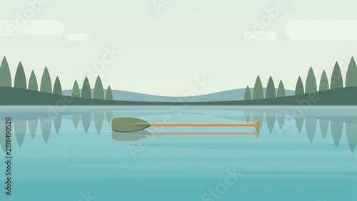 A single wooden kayak paddle floating on the calm surface of a quiet forest lake with serene lake surrounded