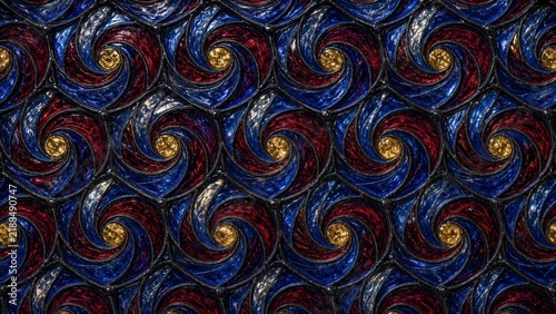 blue red gold swirl geometric pattern concept with intricate crystal spiral lines and abstract metallic structure, showing modern cyber texture for futuristic background