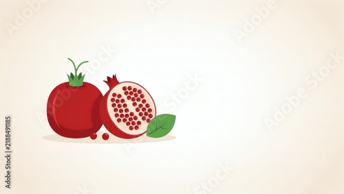 Whole and sliced red pomegranate fruits with green leaves on a light beige background with pomegranate halved pomegranate