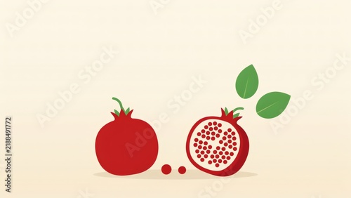Whole and halved pomegranate with arils and leaves on a light background with illustration minimalist