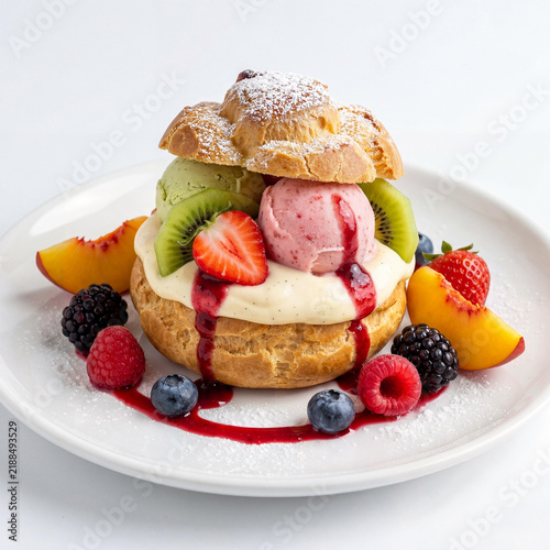 Gourmet Cream Puff Dessert Bursting with Pistachio and Strawberry Ice Creams, Vanilla Cream, and Fresh Mixed Berries