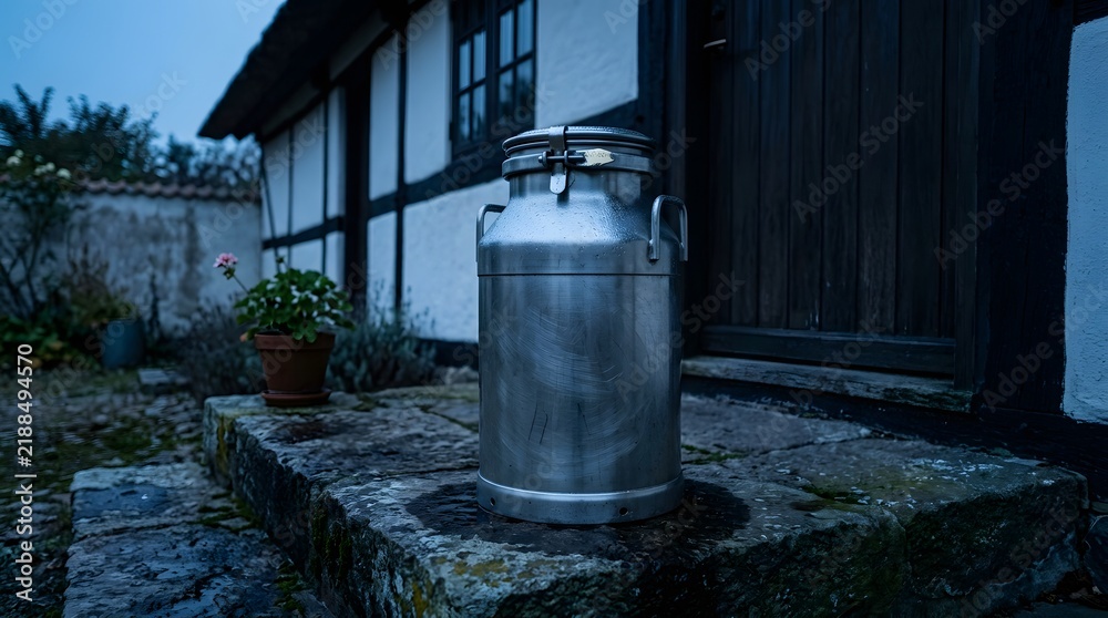 Obraz premium Classic steel milk churn resting on wet cobblestone porch beside rustic white half timber house.
