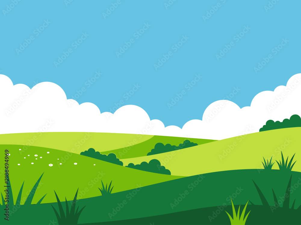 Obraz premium Rolling Green Hills Landscape Flat Vector Illustration with Blue Sky and Clouds