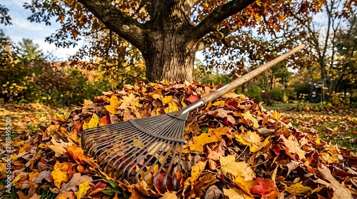 Metal rake resting in a large pile of autumn leaves