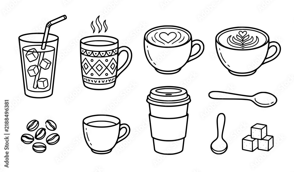 Fototapeta premium Hand Drawn Coffee Menu Cups Iced Coffee Latte Art Sugar Cubes Cute Doodle Vector Set