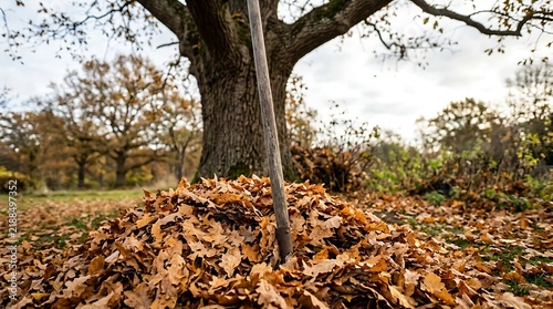 Wooden rake resting in a pile of autumn leaves
