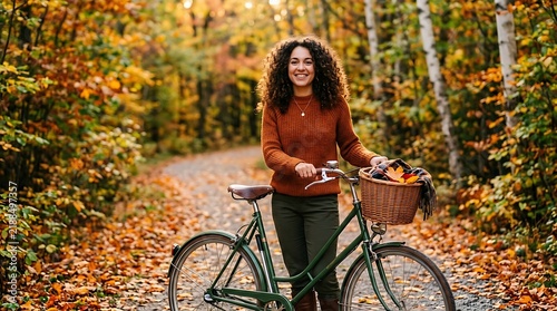Woman with bicycle on autumn forest trail