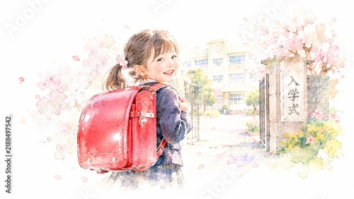 Obraz na płótnie 桜が舞う入学式の門前で赤いランドセルを背負い笑顔で振り返る女の子の水彩イラスト