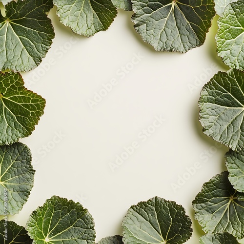 Green leaves arranged in a circular frame on a white background.