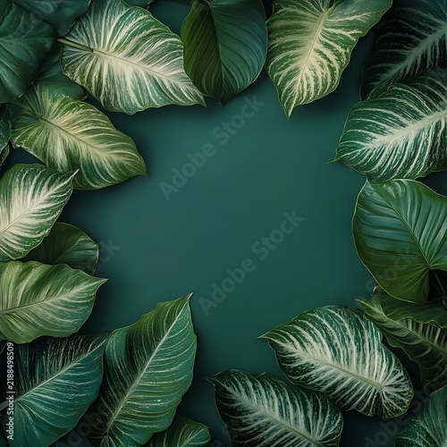 Green leaves frame a teal background, natures vibrant display.