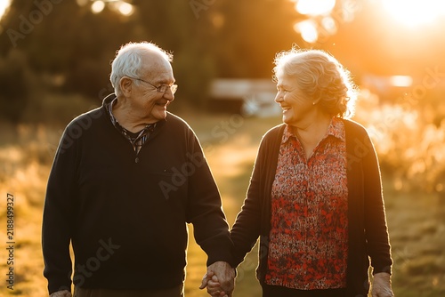 Happy senior couple holding hands and walking together in a sunny park at sunset.