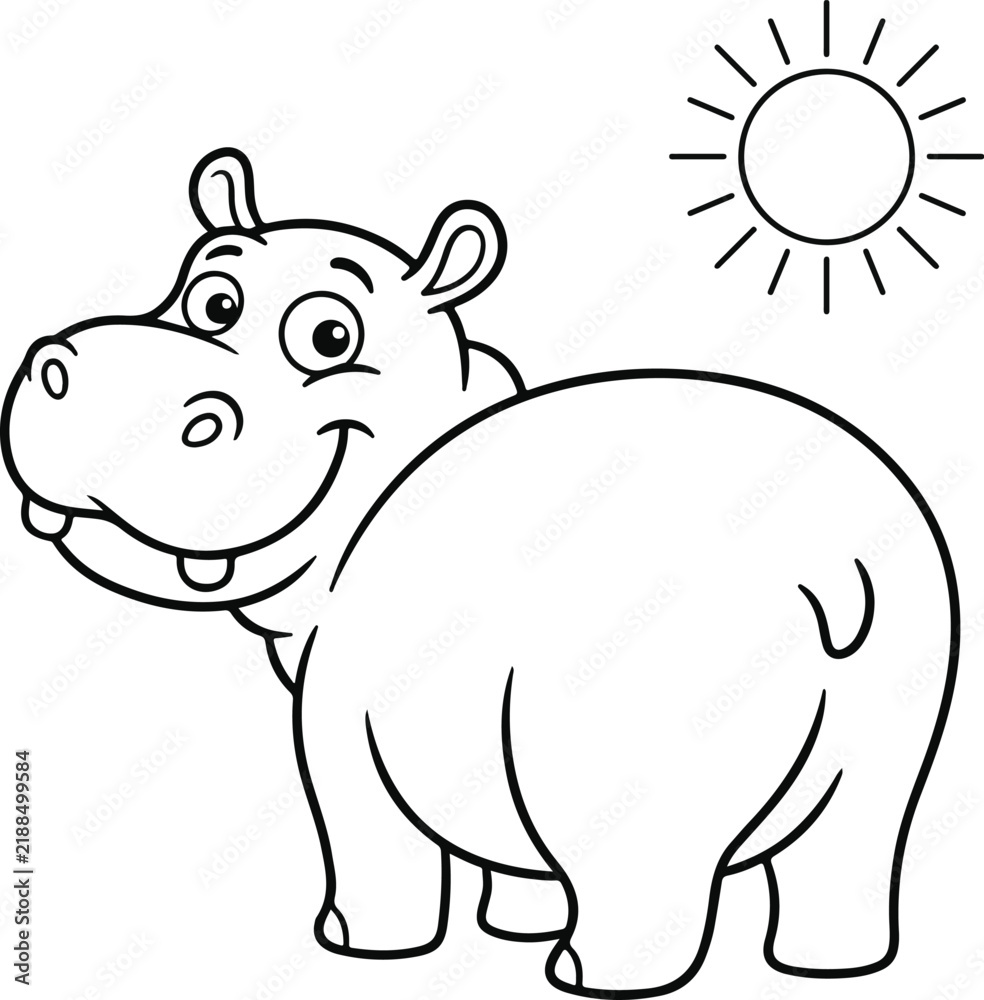 Fototapeta premium Cute cartoon hippopotamus looking back with a sun in the sky, coloring page for children
