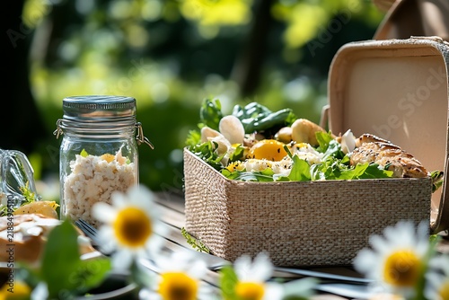 Healthy Outdoor Lunch with Salad and Snacks in a Sunny Garden Setting.