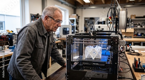 Obraz na płótnie Senior man watching a working 3D printer creating a complex geometric plastic object in a workshop