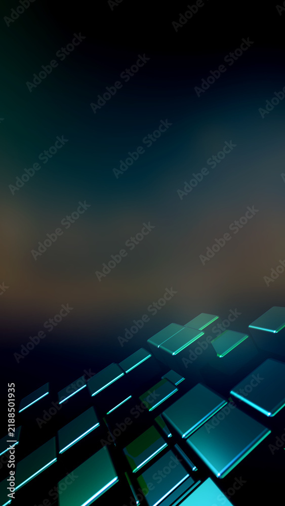 Obraz premium A vibrant 3D render of glowing geometric cubes in a dark futuristic environment