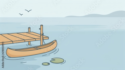 A wooden canoe tied to a small dock on a calm lake with lily pads with lake hills distance canoe floats water