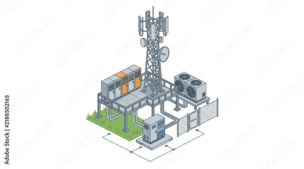 Obraz premium Dynamic Isometric of Telecommunications Cell Tower Base Station with Server Racks Cooling Units and Security Fence