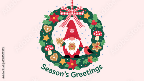 Festive Christmas gnome inside a holiday wreath holding a tasty gingerbread man cookie