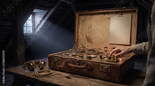 Obraz na plátně Hand pressing morse key on vintage suitcase radio in attic