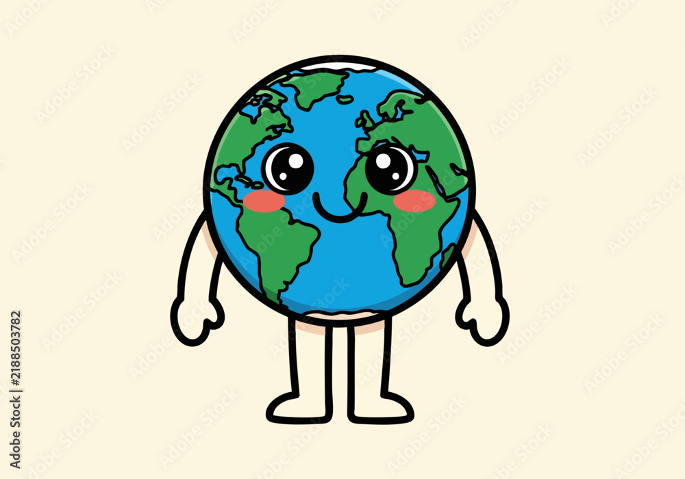Obraz premium Cute cartoon Earth character with arms and legs smiling