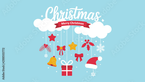 Festive Christmas ornaments including stars, bells, and gifts hanging from fluffy clouds