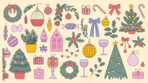 Festive Christmas ornaments and decorations arranged on a light background in a charming doodle style