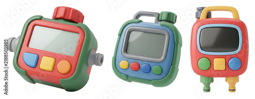 Vibrant automatic garden water irrigation timer controllers featuring colorful buttons and digital display screens arranged in a set presented as isolated objects on transparent background