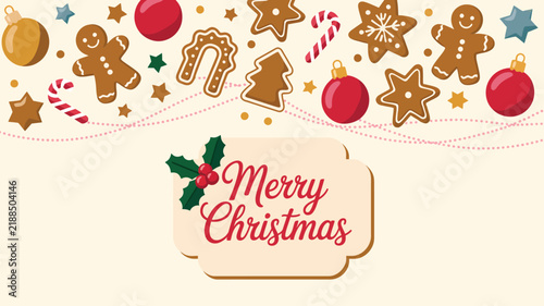 Festive Christmas scene with gingerbread cookies, candy canes, and sparkling ornaments