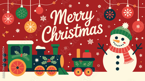 Festive Christmas scene with a happy snowman, a holiday train, and hanging ornaments on red