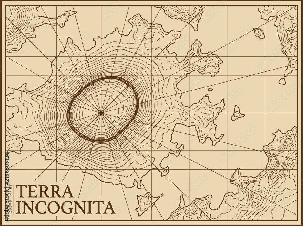 Obraz premium Vintage Topographic Map of Terra Incognita with Islands and Contour Lines