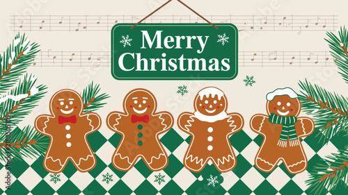 Festive gingerbread people cookies with a Merry Christmas sign and holiday decorations