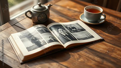 Open photo album with old black-and-white photos and tea, retrospect and nostalgia concept